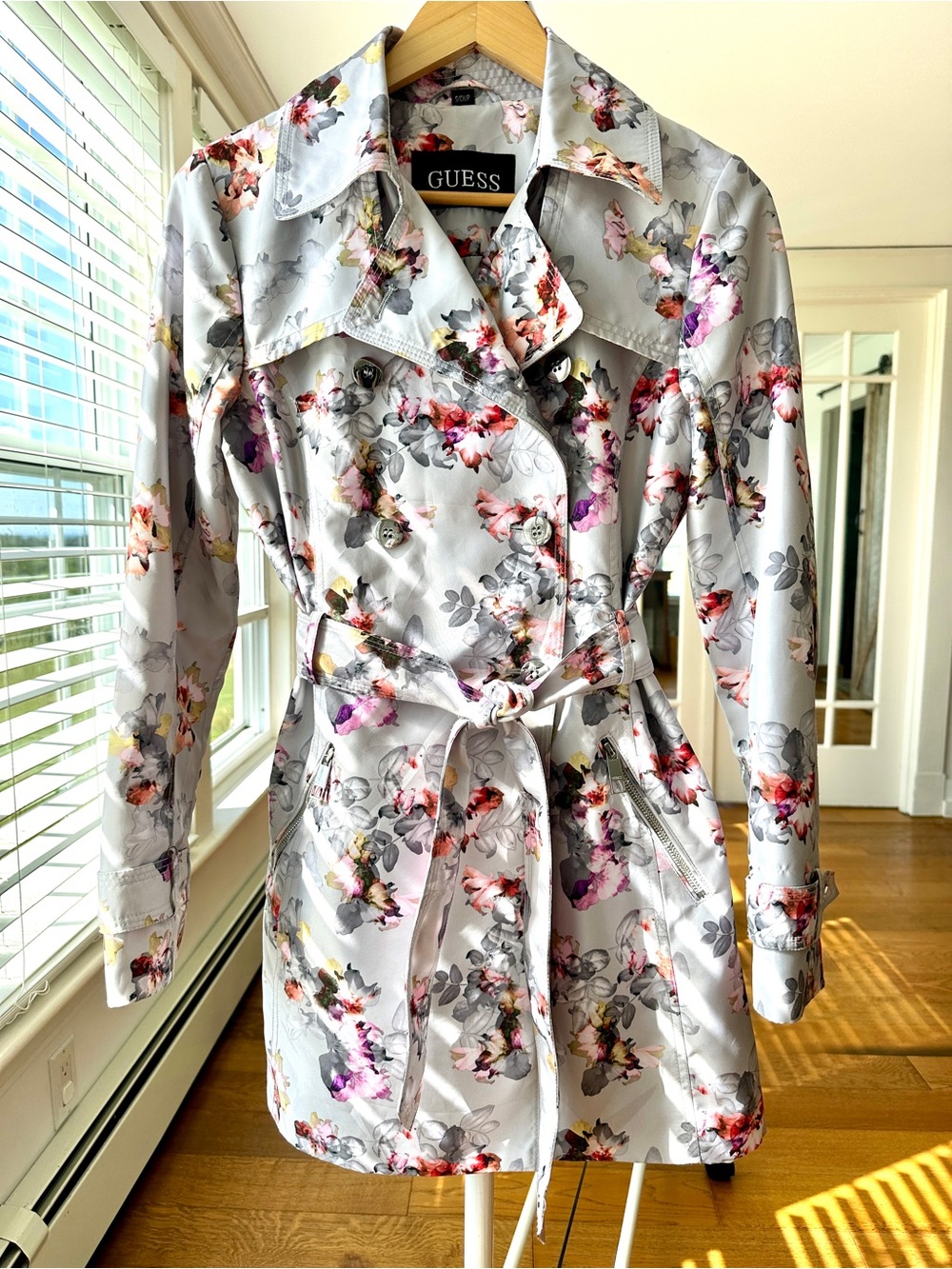 Guess Floral Belted Trench Coat, Double Breasted, Lined, Floral Print/Grey